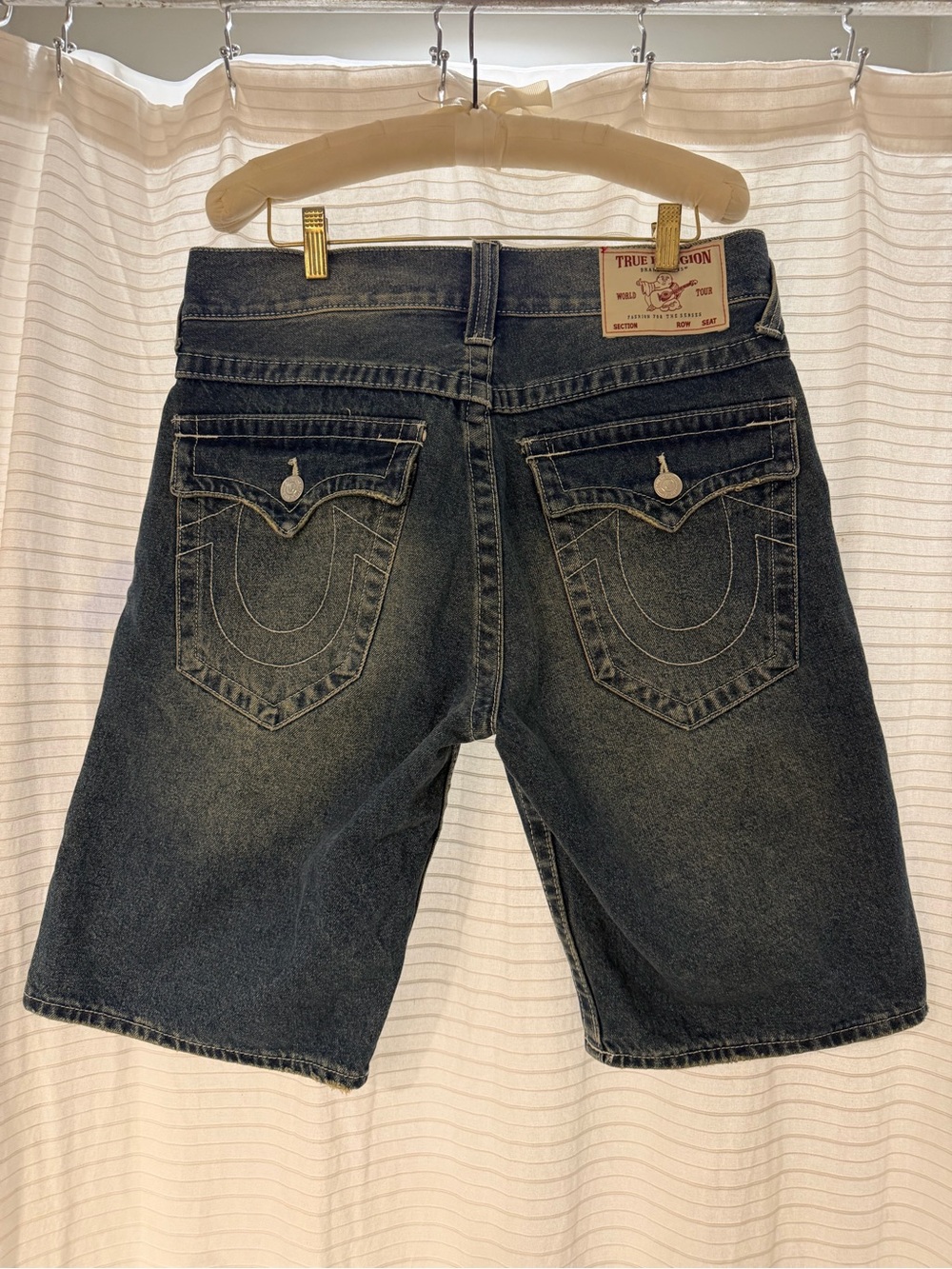 True Religion Washed Black Denim Shorts with Signature Back Pockets